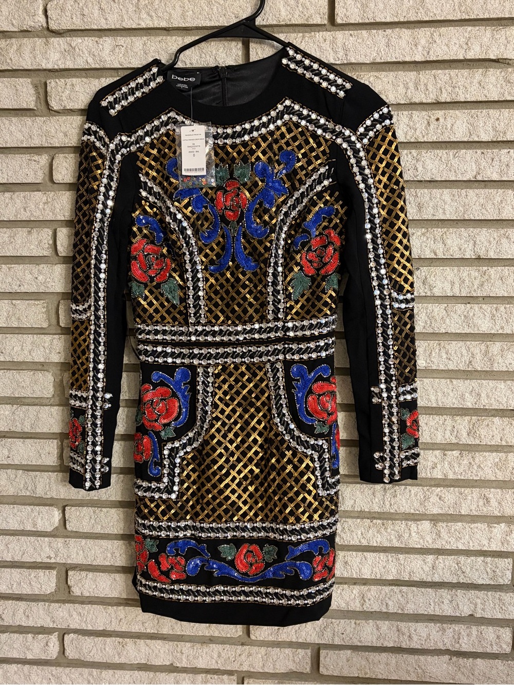 NWT Bebe Balmain Style Hand Sequined Mini Dress Black Size 0 XS Party Cocktail
